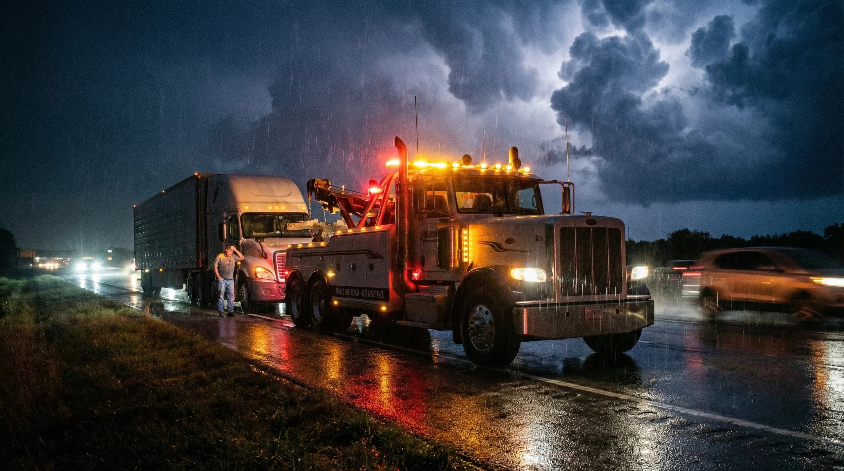 Mobile diesel service truck arriving at a highway breakdown