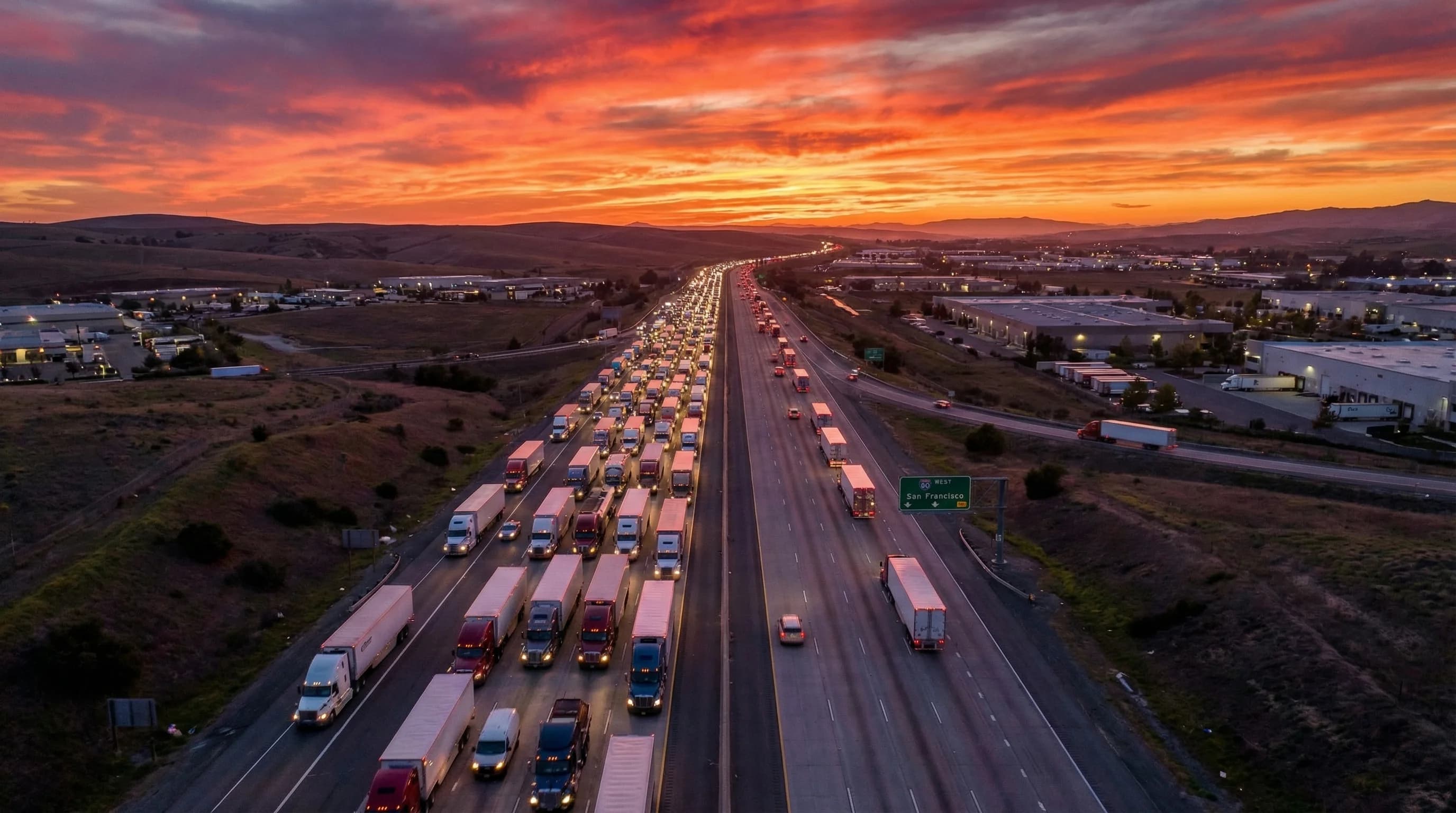 Fleet of trucks on a highway